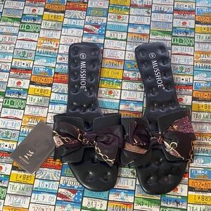 MUSSHOE Black Bow Slides Sandals w/ Scarf Detail Size 10